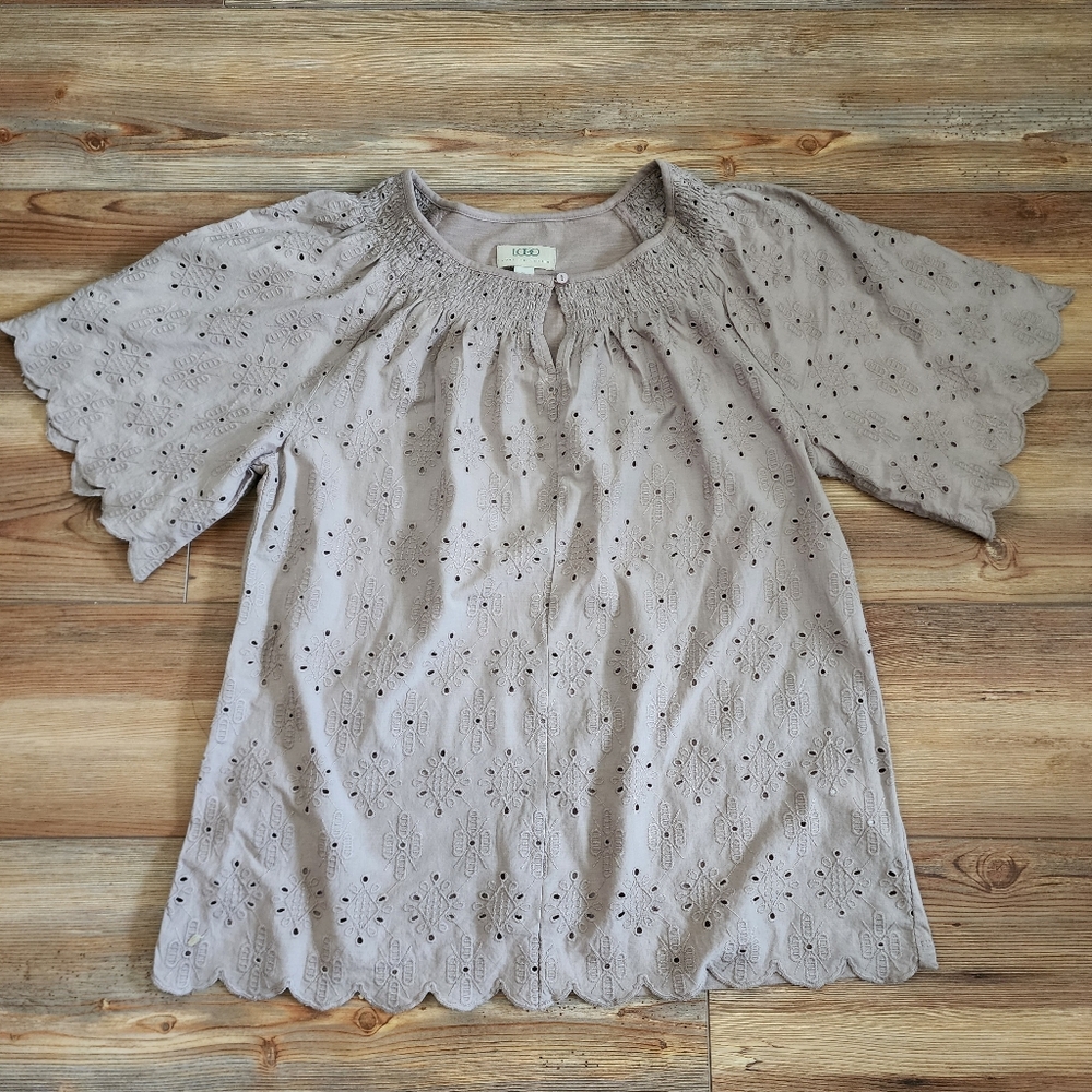 LOGO By Lori Goldstein Eyelet Top Women's XS Taupe Cotton